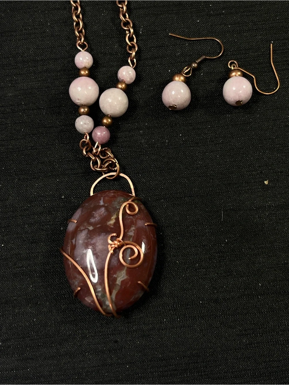 Copper wire wrapped carnelian cabochon Necklace with Kunzite & copper Beads 18”
